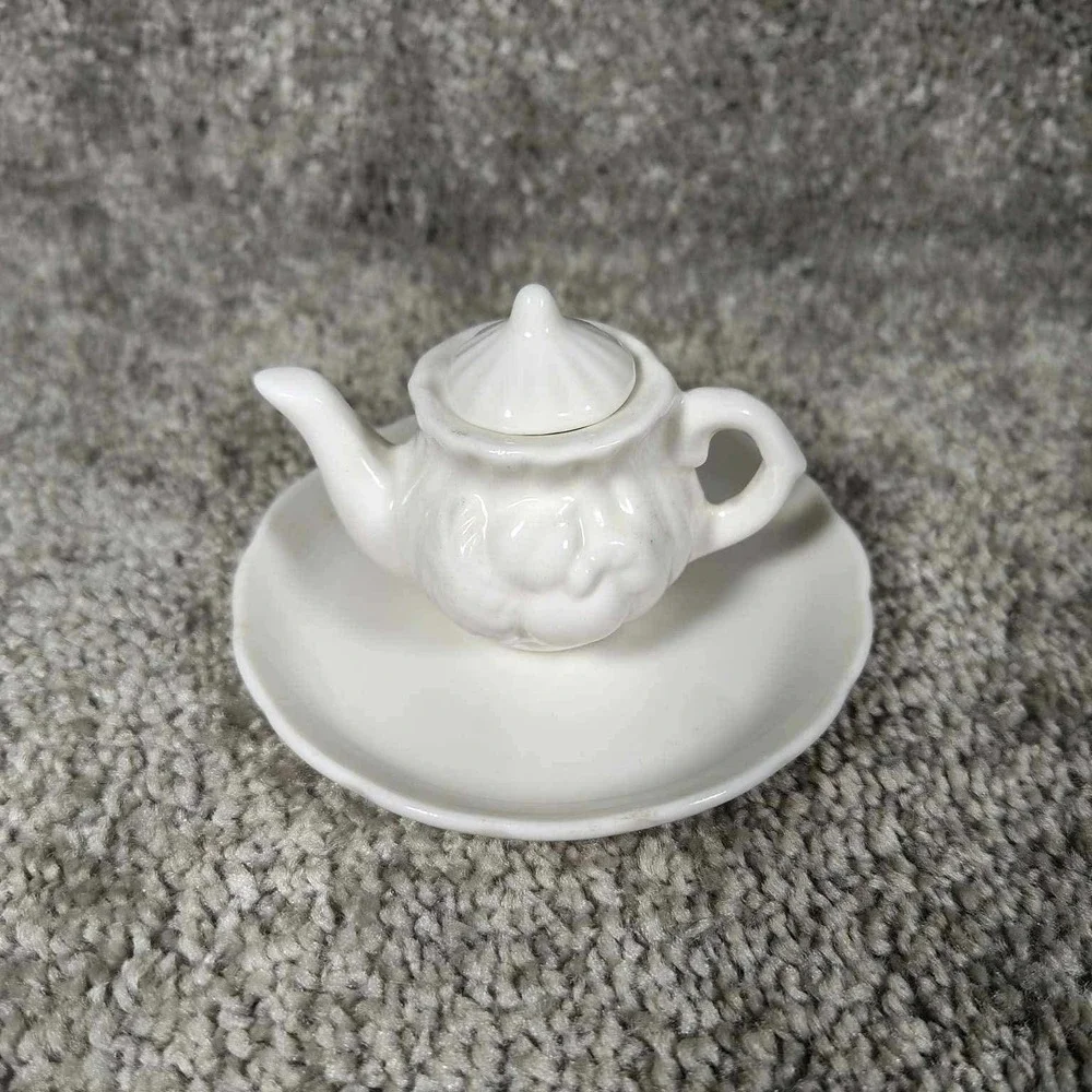 Miniature Teapot and Saucer Set White Embossed Floral Ceramic Decor Cottagecore